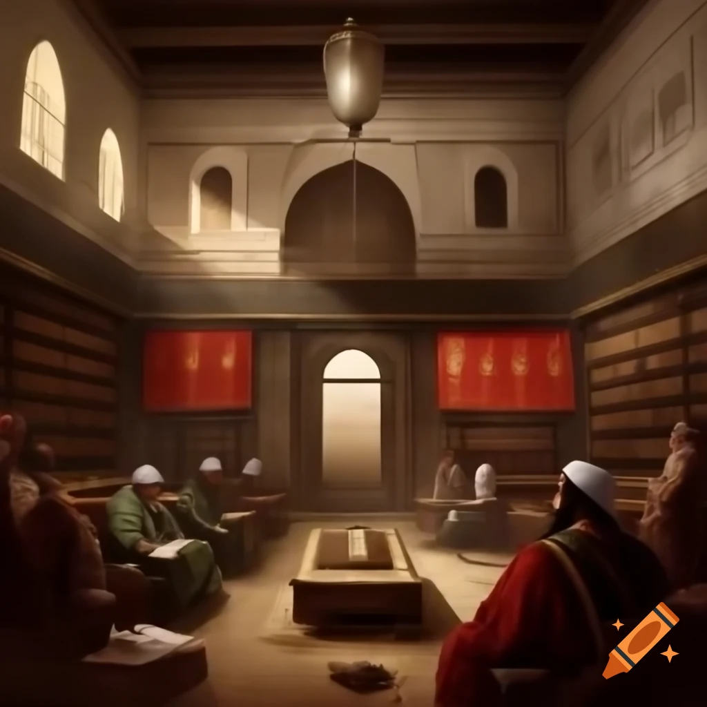 Historical scene in the House of Wisdom, scholars translating ancient texts