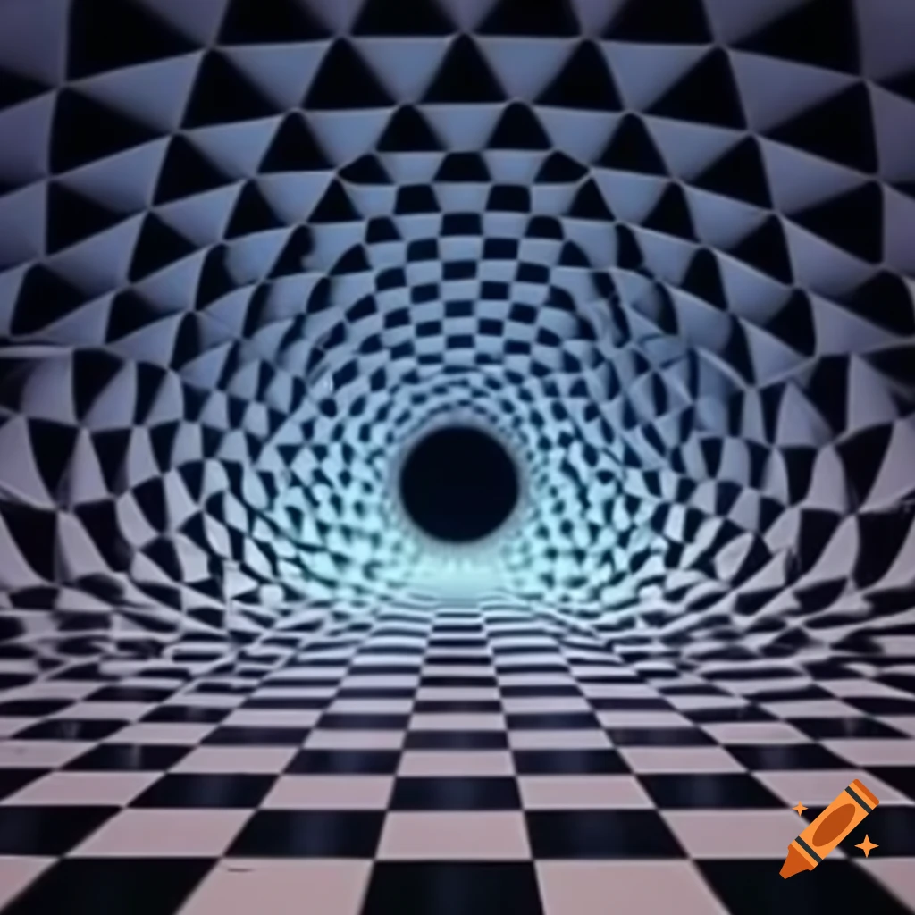 Hyperbolic expansive space depicting bending space-time with multicolored checkerboard floor