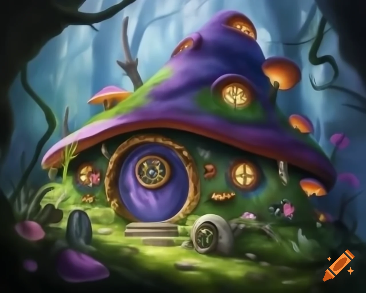 Mossy hobbit house and mushroom house in dark fantasy watercolor style