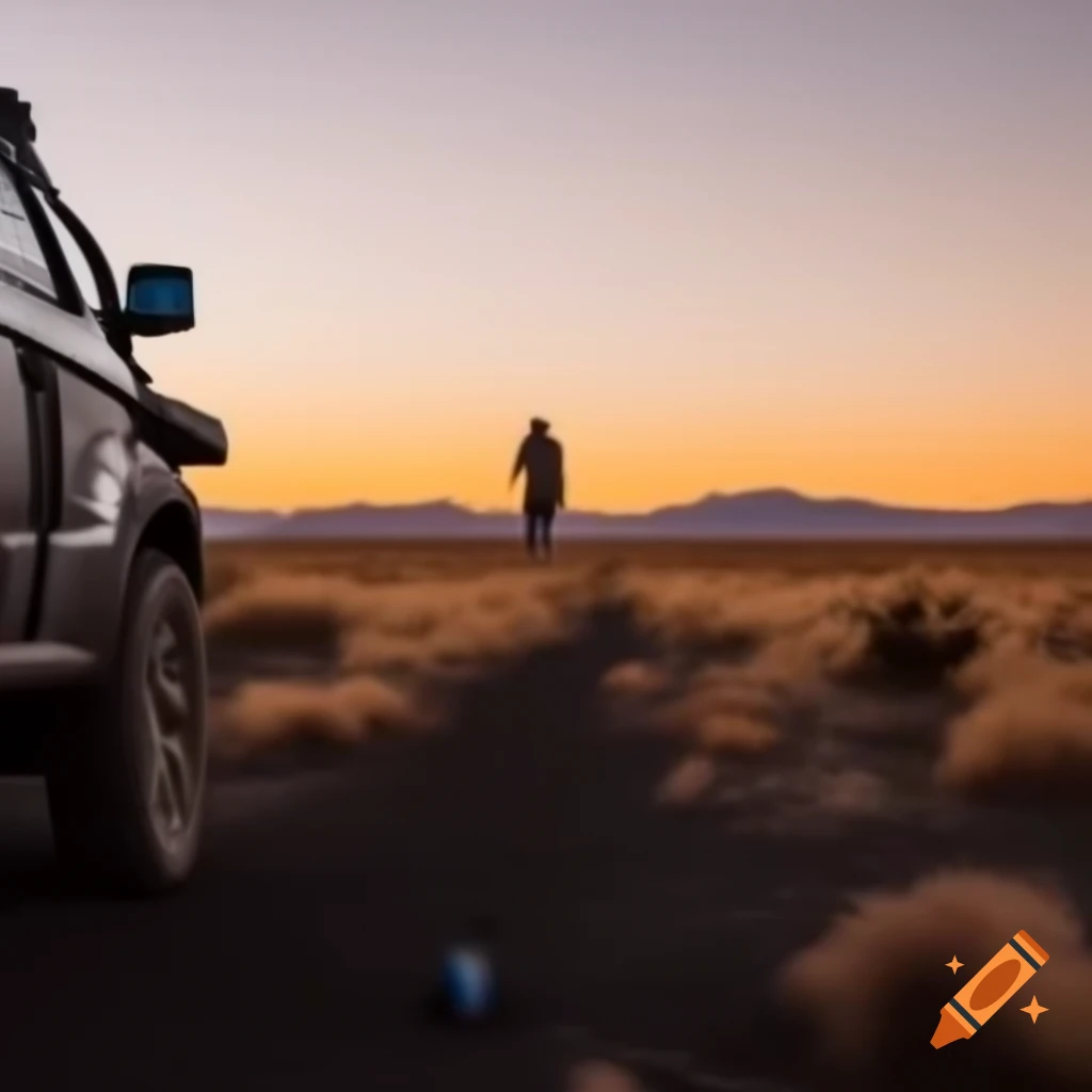 SUV in the horizon at dawn in Patagonia with person walking away holding petrol can