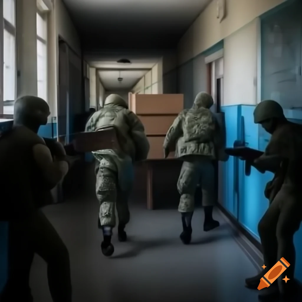 Soldiers carrying boxes down empty school corridor
