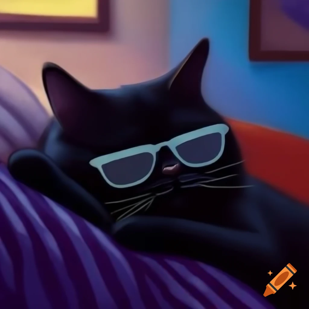 Cartoon of black cat wearing sunglasses on a couch