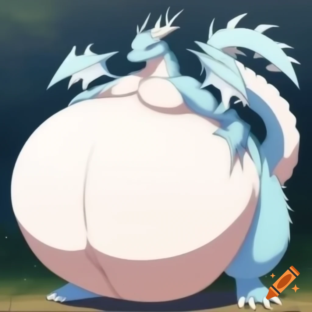 Anime style large overweight dragon with white scales and long hair
