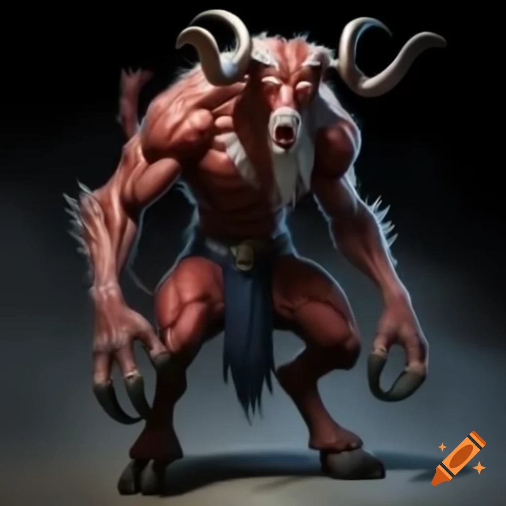 Muscular goat-headed demon with large horns and strong physique in standing posture