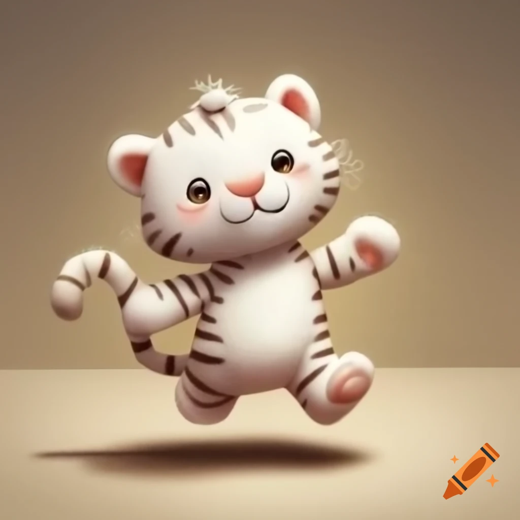 Cute stuffed white tiger standing upright and running sideways