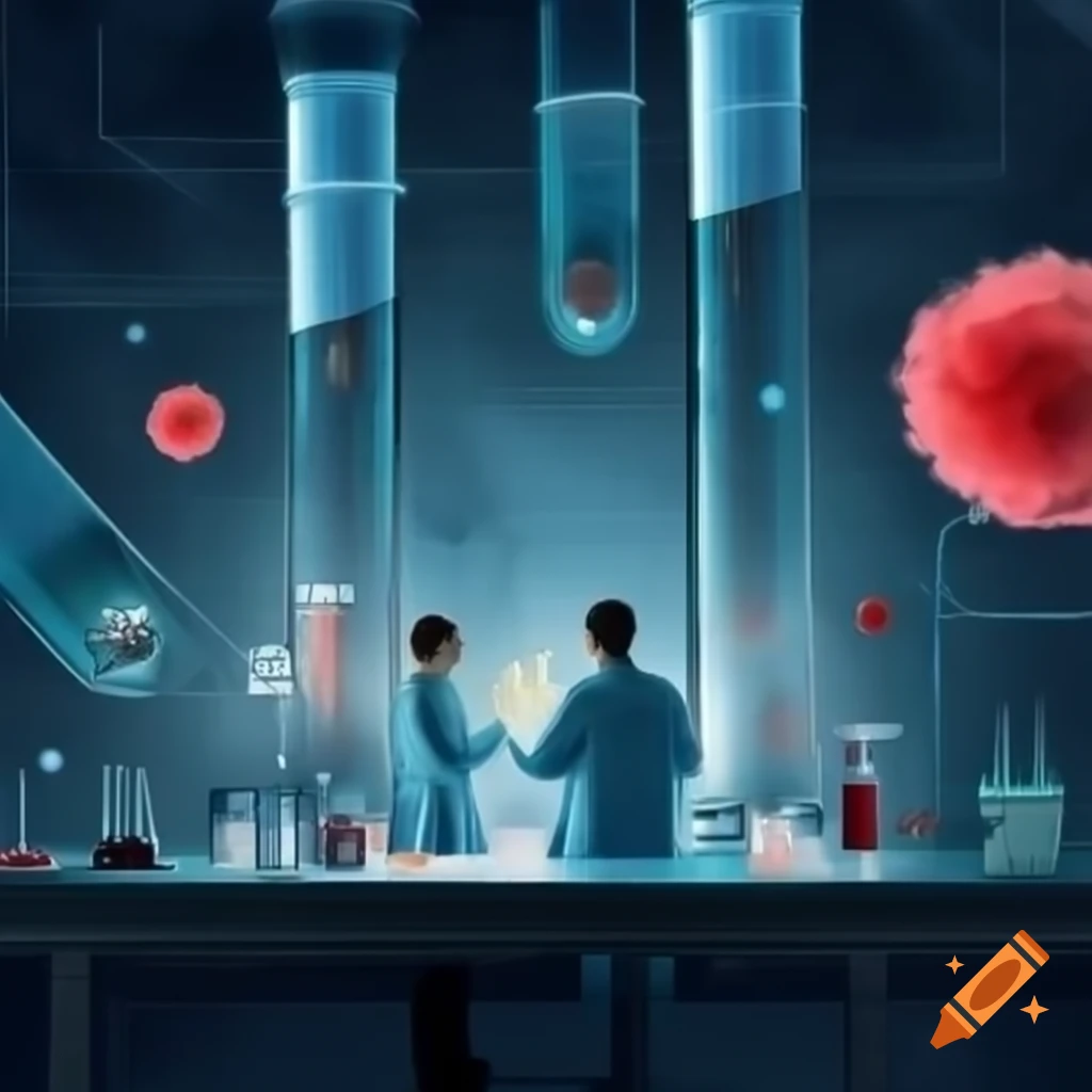 Researchers in futuristic pathology laboratory with test tubes and DNA models
