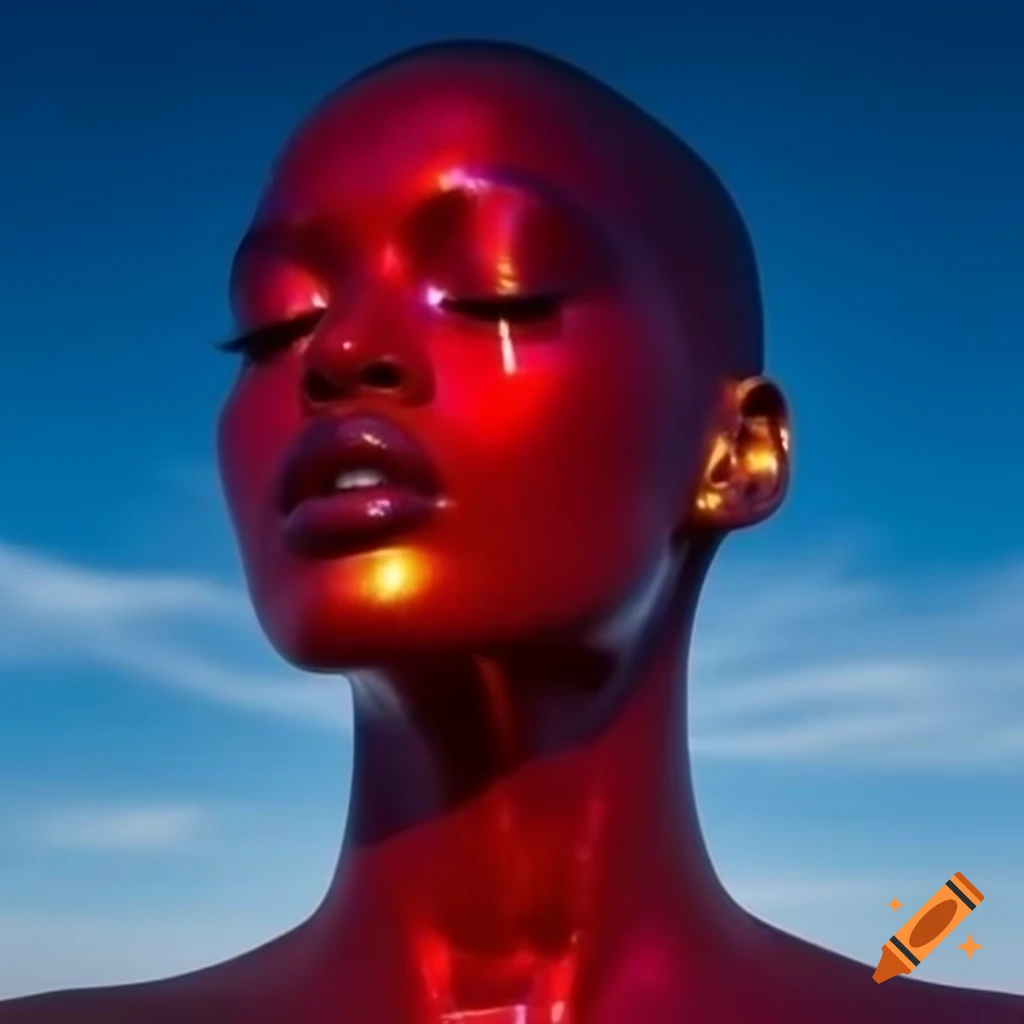 Pop surreal photography of red iridescent glass statue against bright sky