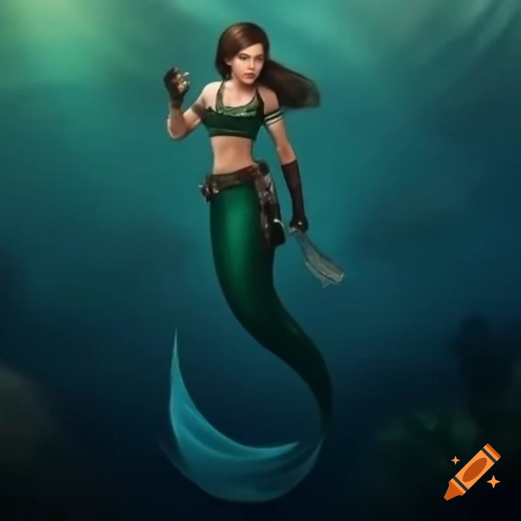 Lara Croft as a mermaid with a fish tail