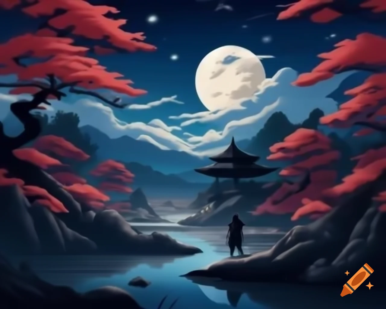 Japanese landscape with full moon and samurai in anime style