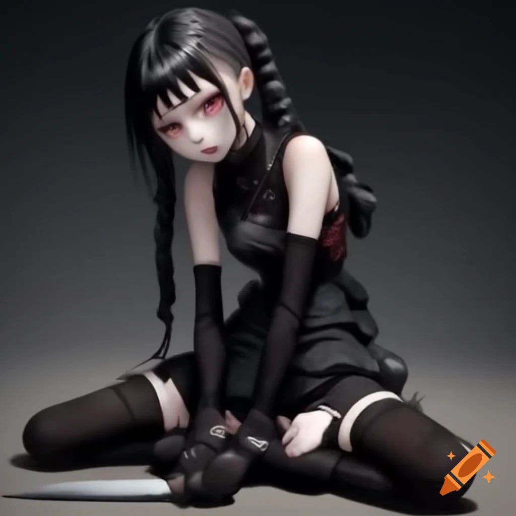 Goth anime girl with knee socks and knife, sitting with crossed legs