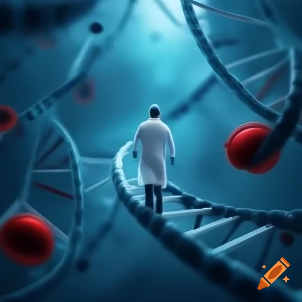 Scientist walking on DNA double helix in futuristic medical lab