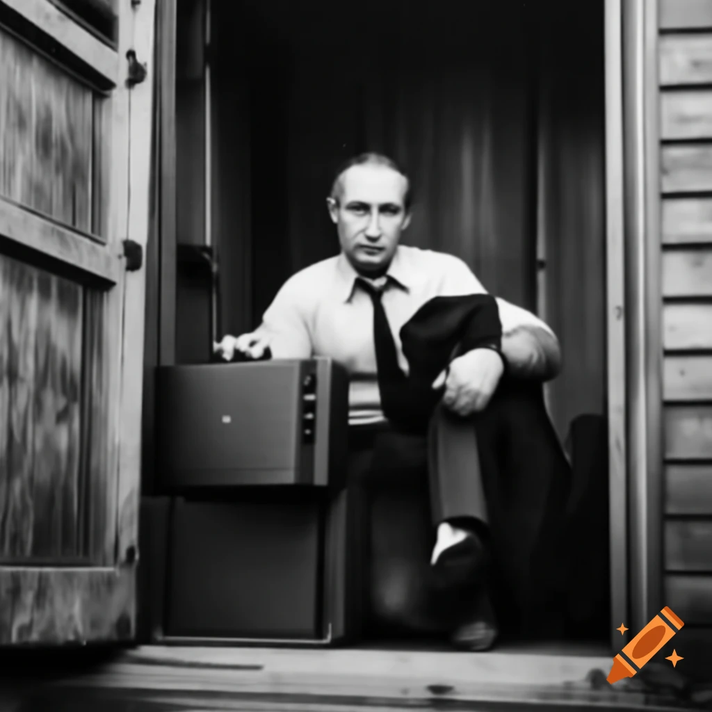 Vladimir Putin standing with suitcase at wooden outdoor toilet