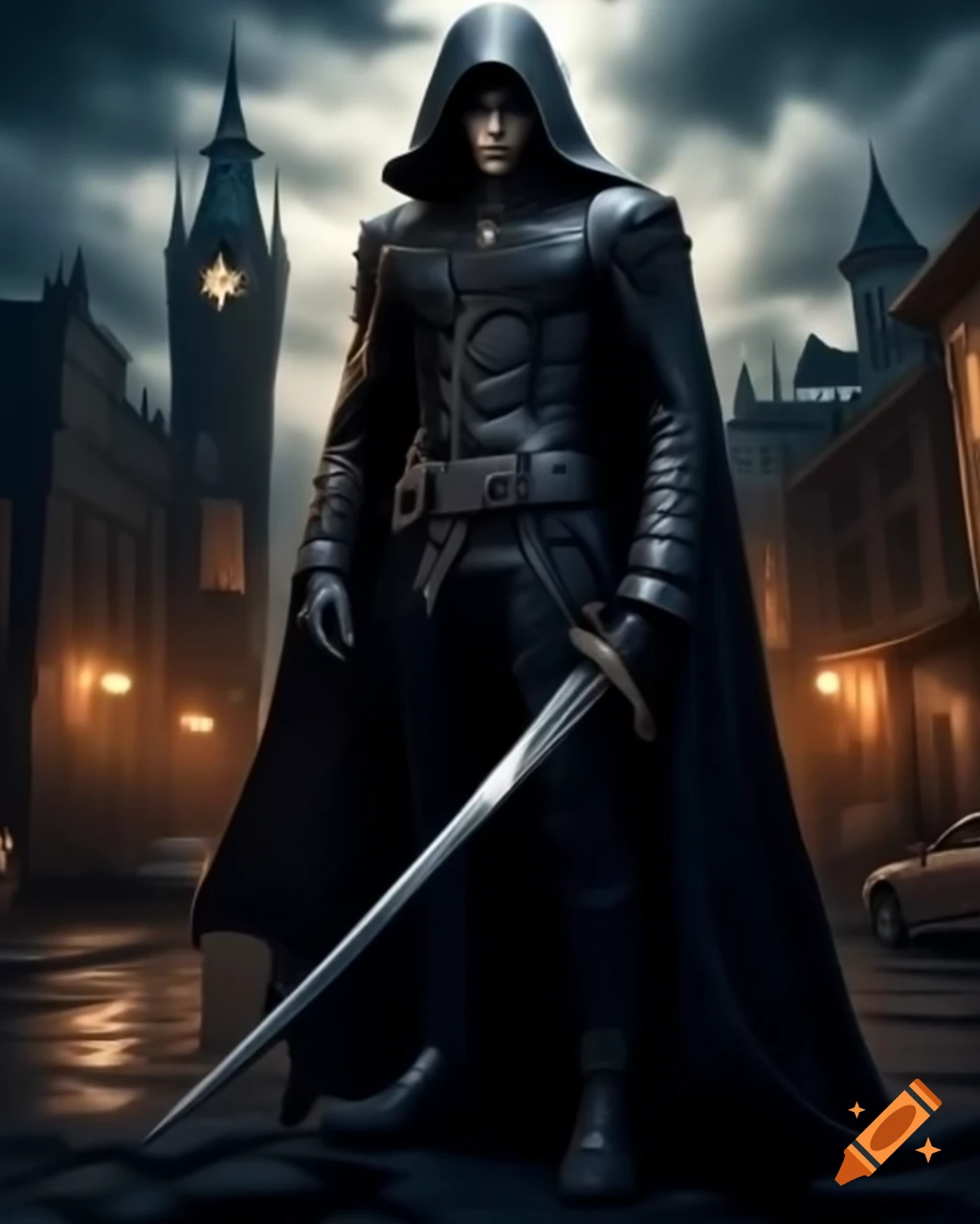 Gothic character in black cloak with tech katana in gothic cityscape
