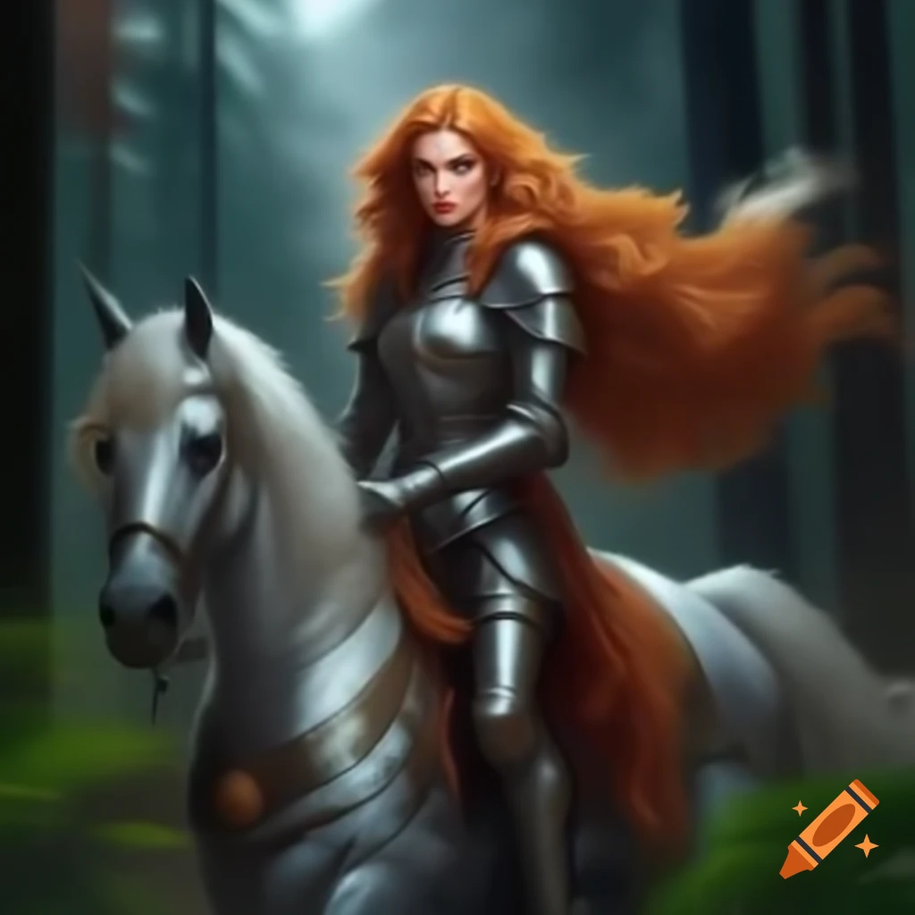 Woman in silver armor with auburn hair riding white horse in pine forest, holding sword