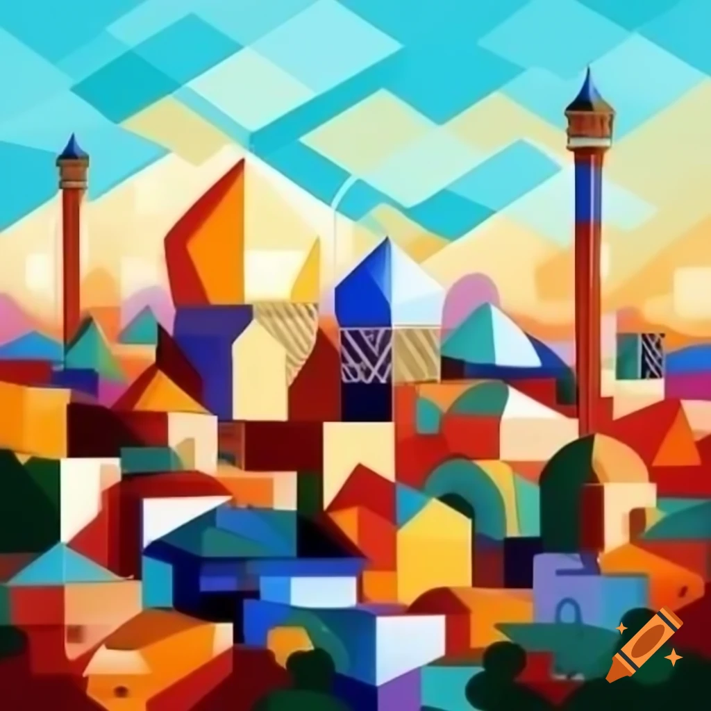 Geometric abstract oil painting of Shiraz city skyline
