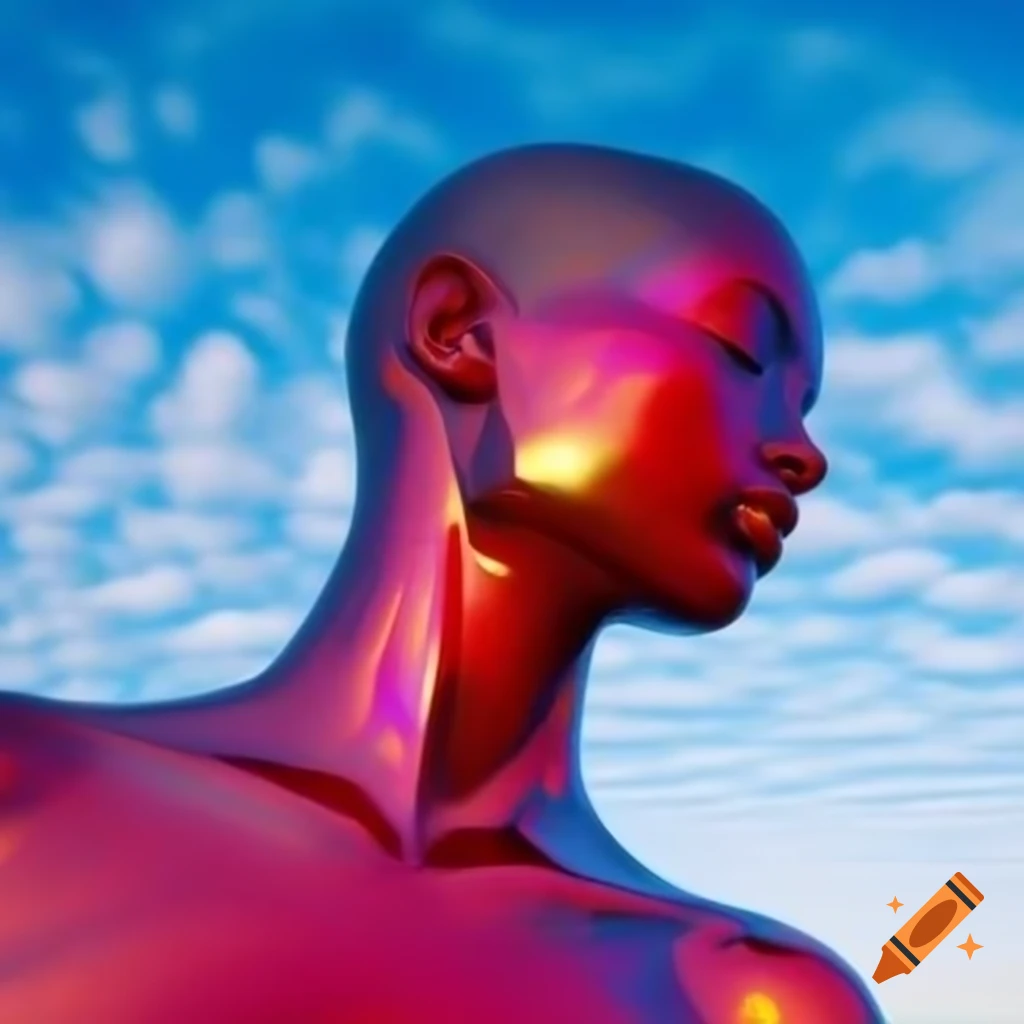 Pop surreal photography featuring red iridescent glass statue against bright sky