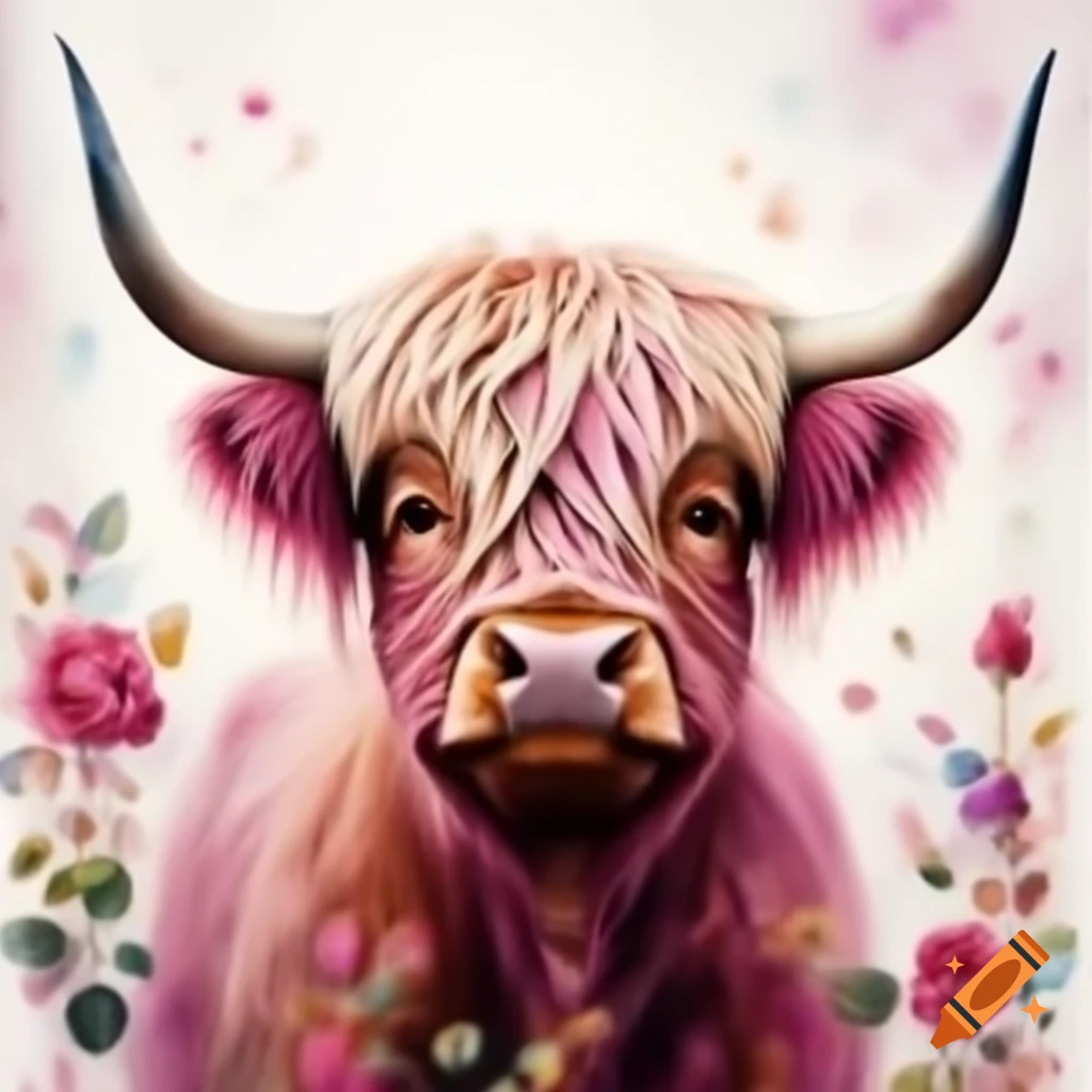 Happy highland cow watercolor close-up with pink and purple tones