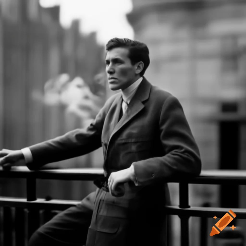 Stylish gentleman in tweed jacket leaning on railing enjoying a smoke