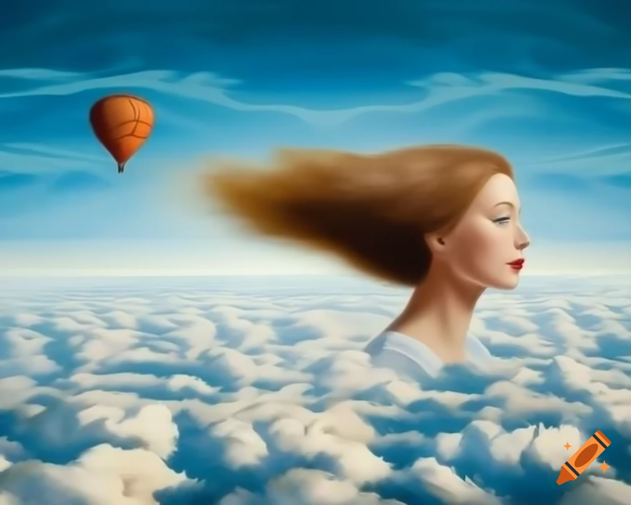 Surreal painting of woman's head in clouds with hot air balloon, inspired by Salvador Dali