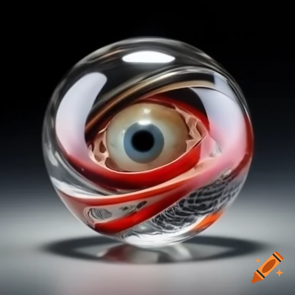 Intricately decorated glass ball resembling human eye with colorful flecks and swirling textures