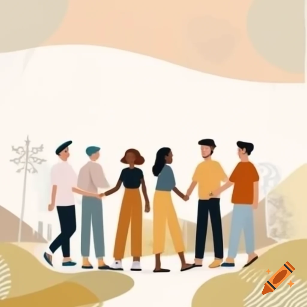 Diverse people holding hands in cheerful park with modern minimalistic design