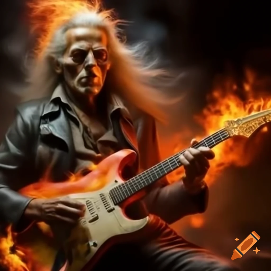 Old rock musician playing guitar with flames