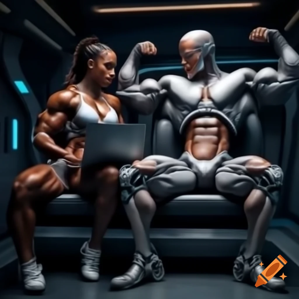 Cyborg bodybuilding couple in flex cut trunks and helmets using laptop in spaceship
