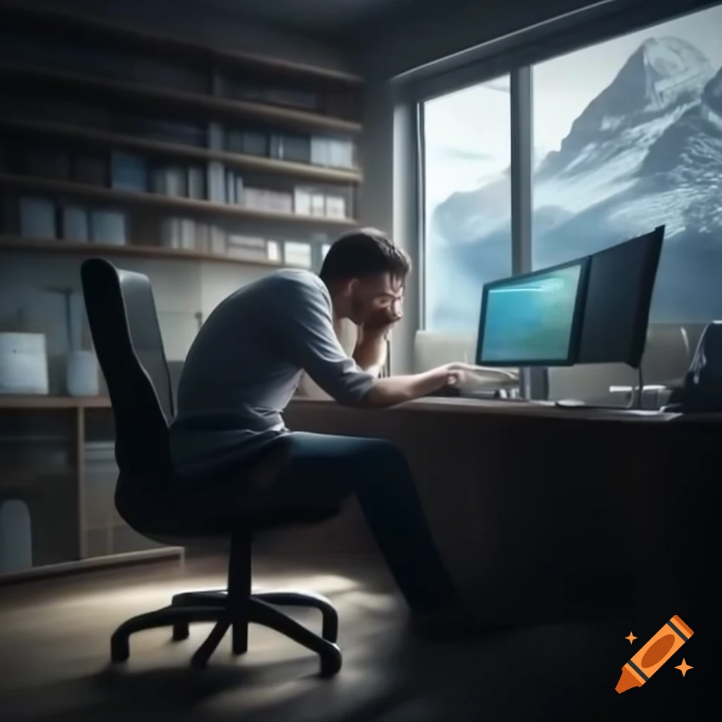 Man in black chair with dual monitors and mountain vista view