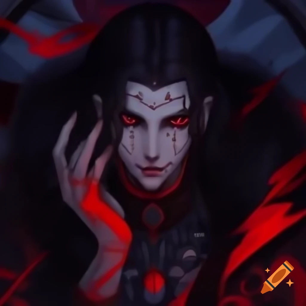 Anime illustration of mysterious male character with bronze ball mask and red eyes