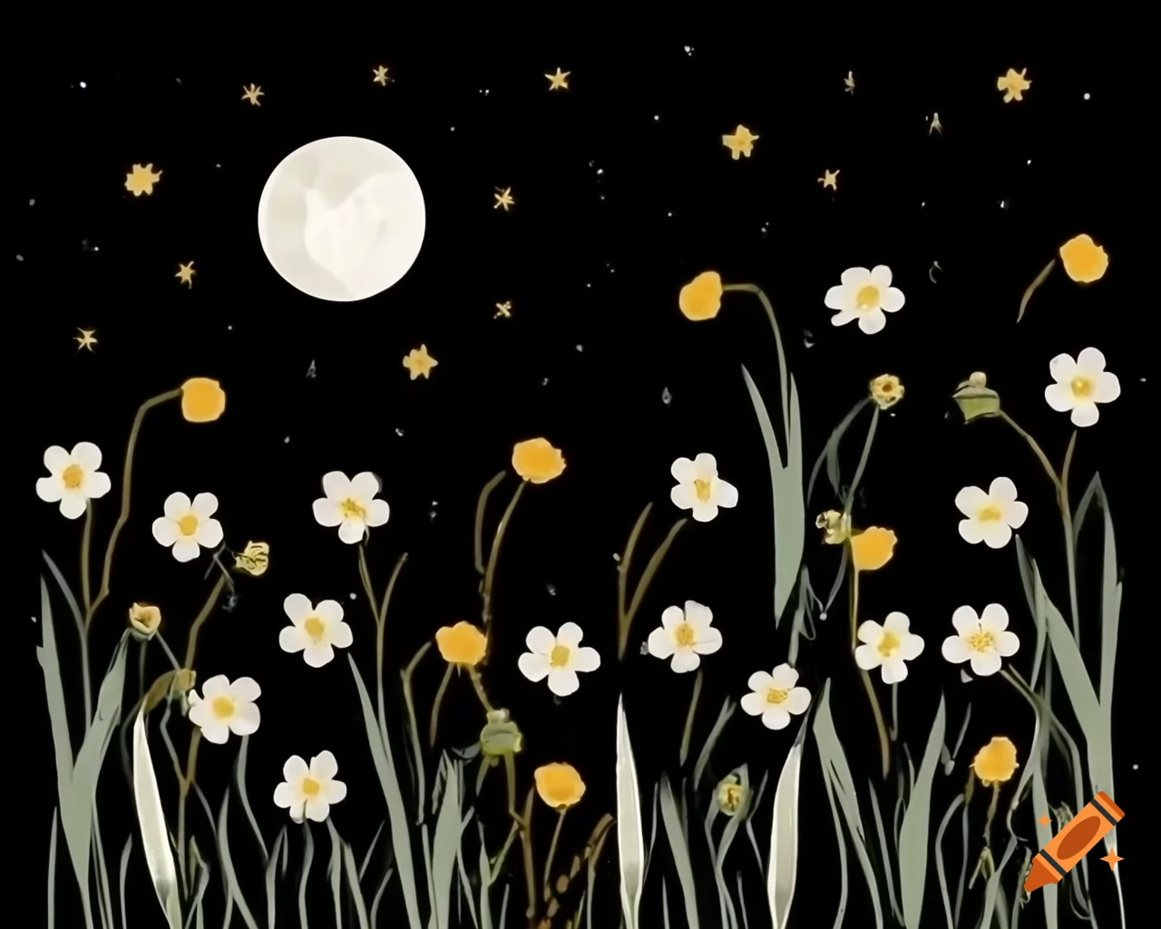 Delicate meadow flowers and ethereal moon against a starry sky