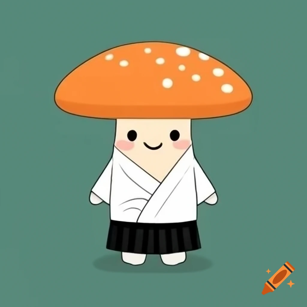 Smiling brown mushroom in white kimono and black hakama pants
