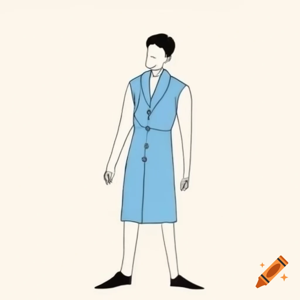Man in sleeveless light blue dress standing confidently