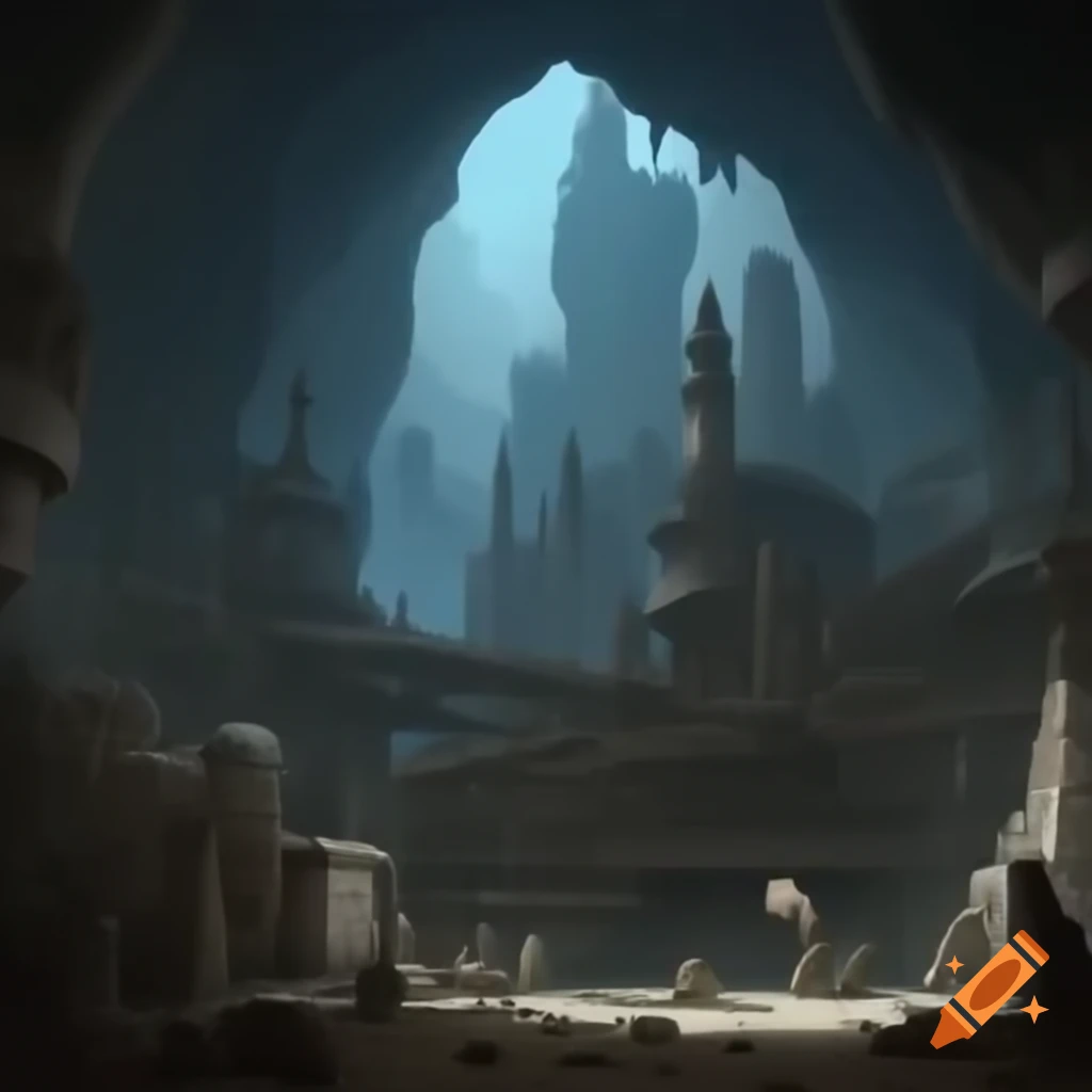 Medieval fantasy upper-class slums in a massive cave with steampunk elements