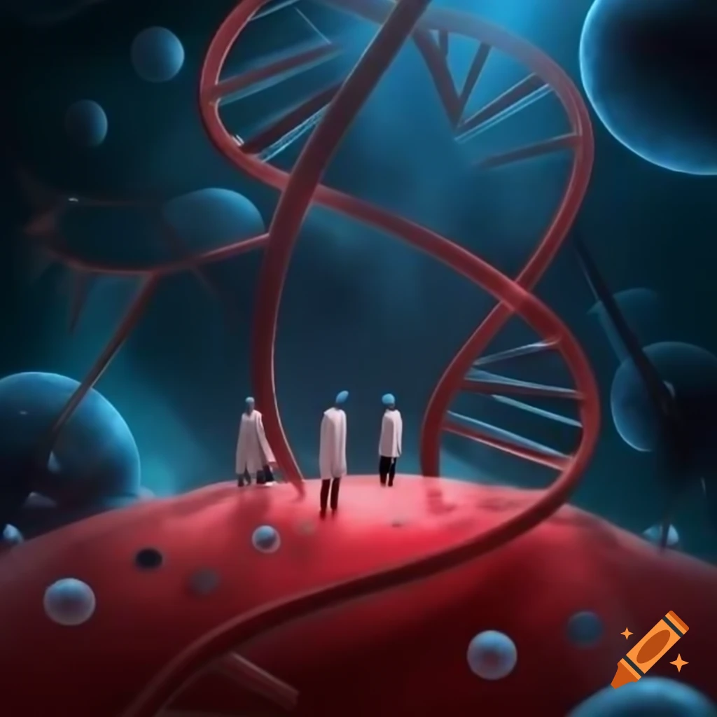 Scientists on red blood cell in futuristic laboratory with floating DNA molecules
