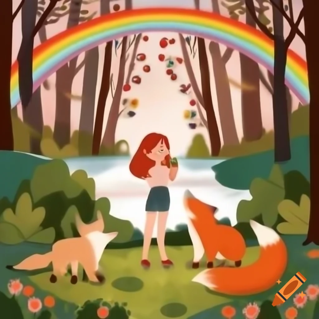 Happy woman in her 30s with animals, wearing flower crown, medium length strawberry blonde hair