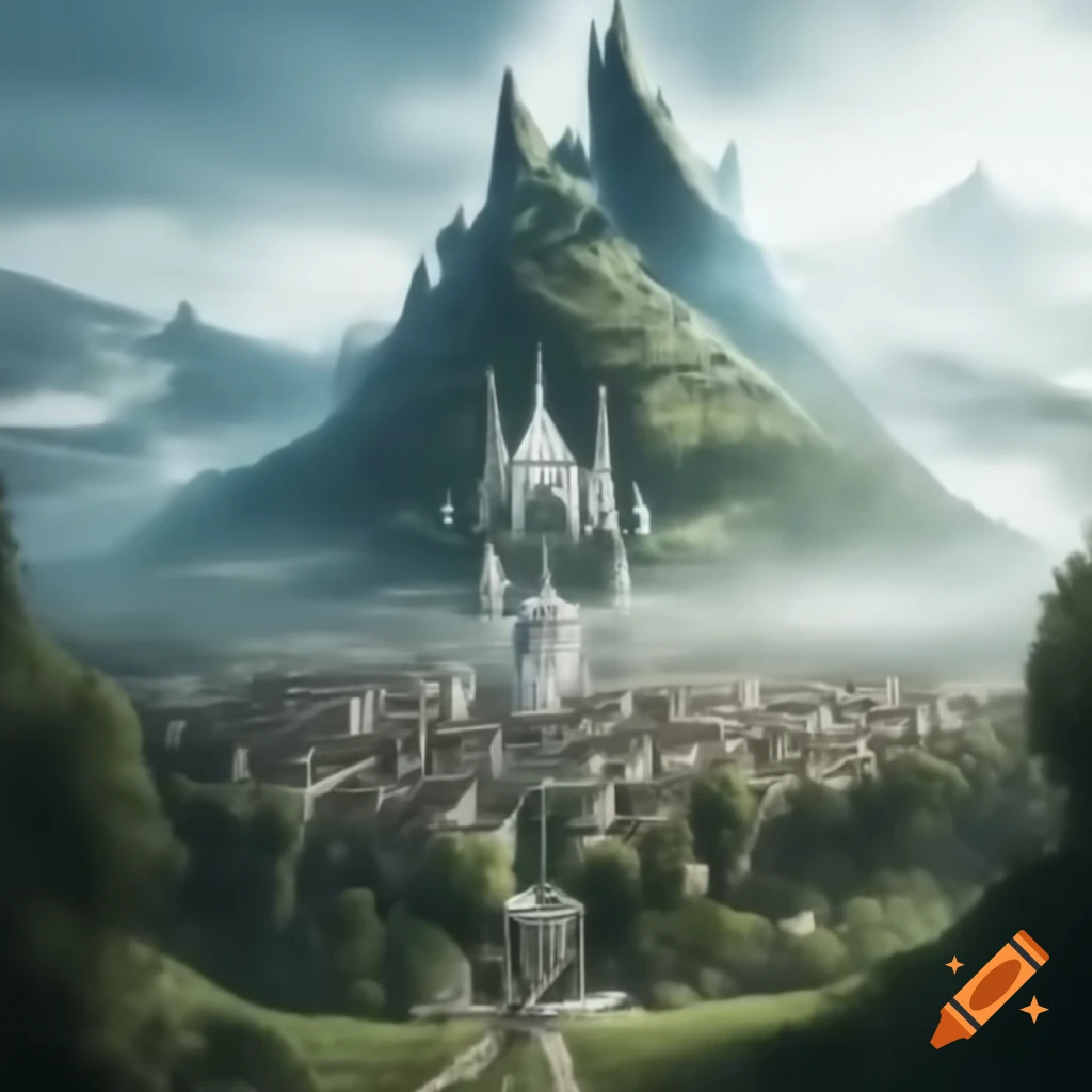 Elven city of Rivendell nestled in valley, surrounded by trees and mountain mist