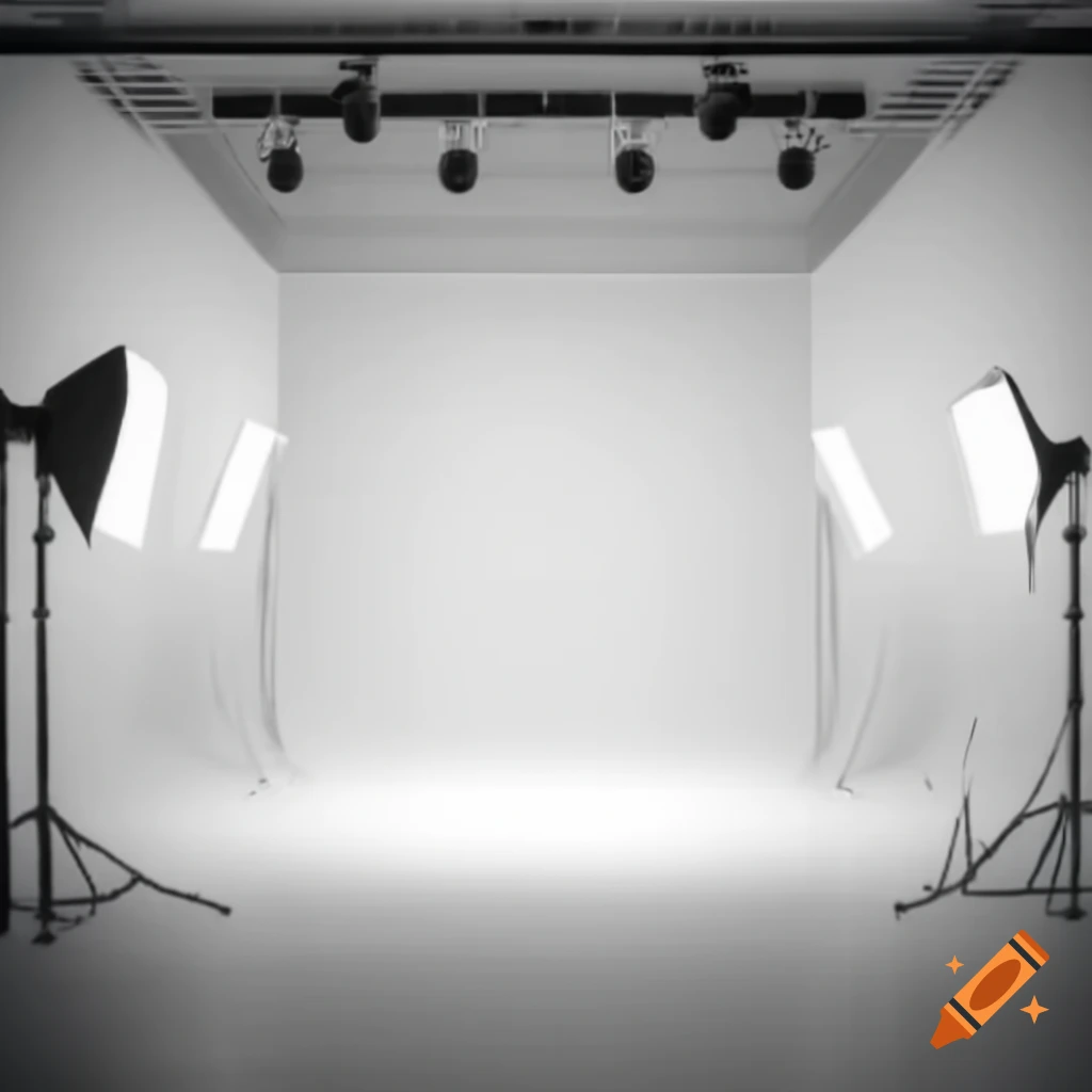 Minimalist studio room with all-white design and professional lighting equipment