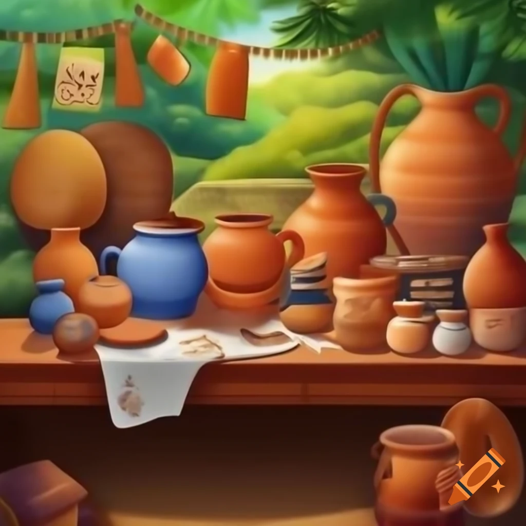 Vibrant marketplace with handcrafted pottery, textiles, and jewelry in sunny outdoor setting