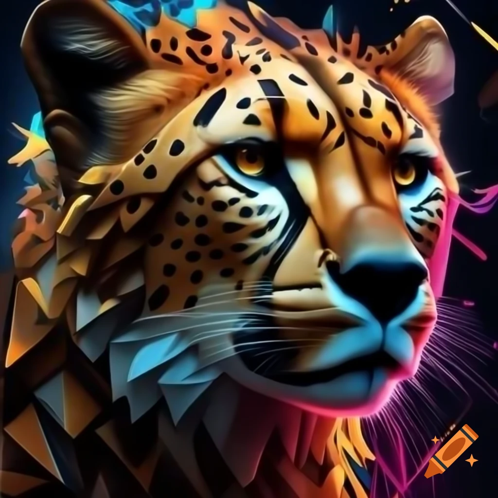 Futuristic golden cheetah in geometric shapes with neon colors