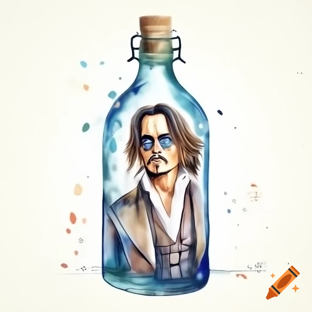 Surreal artwork of Johnny Depp with glass bottle skin