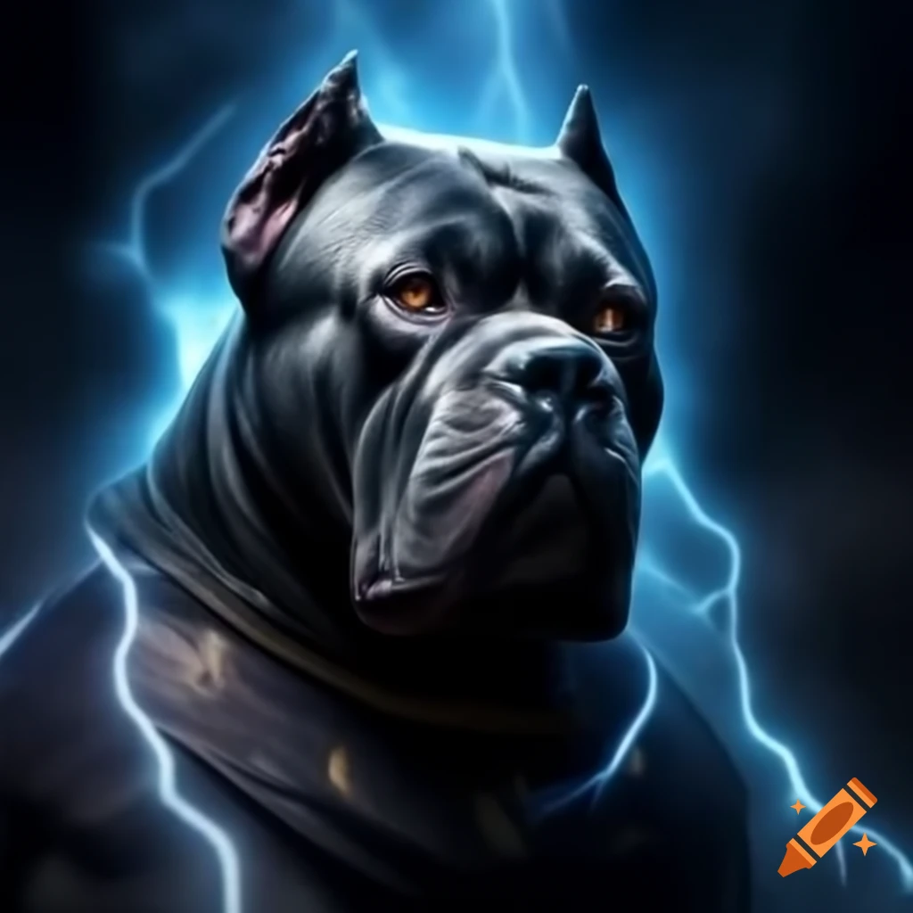 Cane Corso dressed as Greek god Zeus with lightning in Olympus