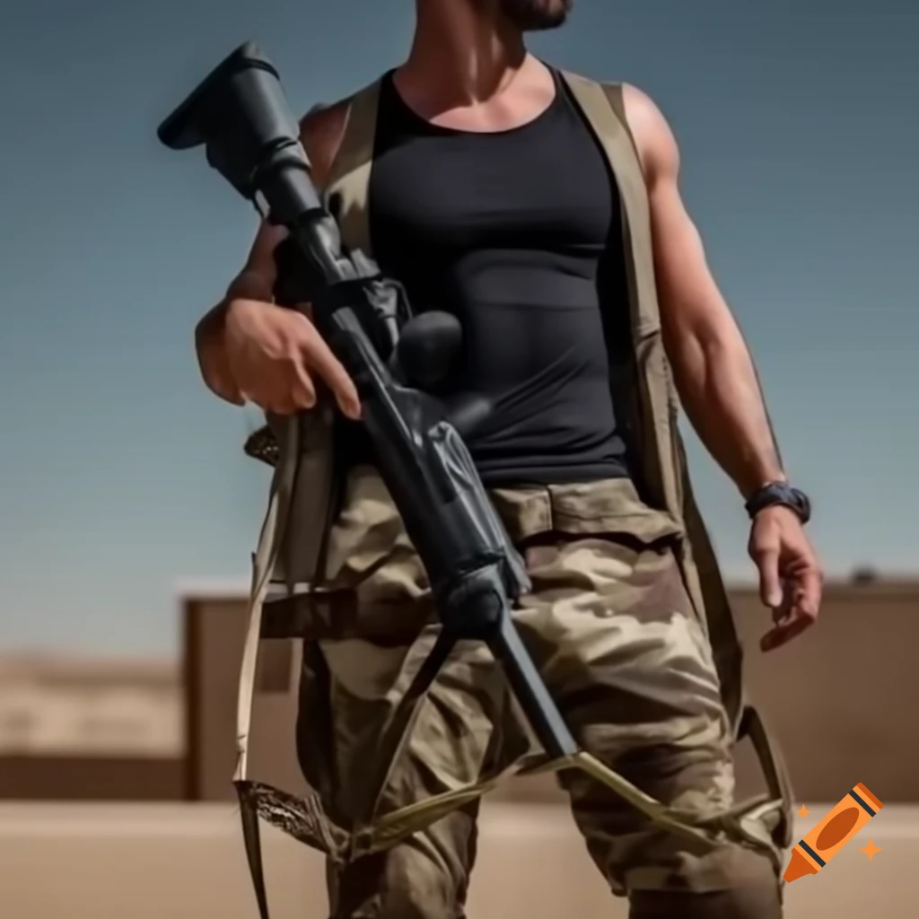 Man in tactical gear holding M60 machine gun in Middle Eastern town