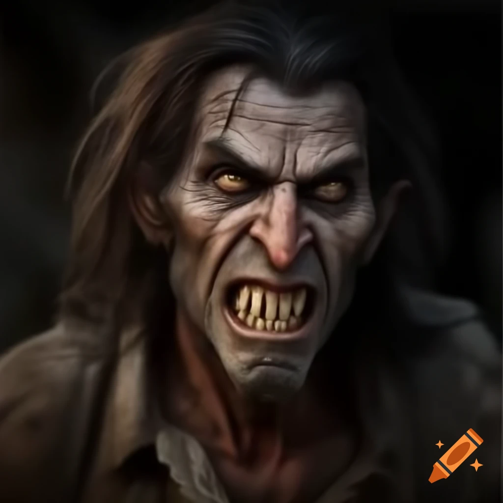 Feral vampire with messy hair and long claws in tattered rags