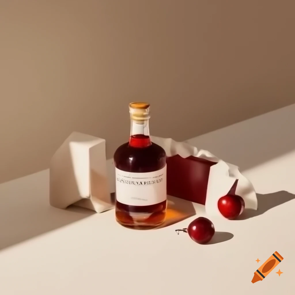 Still life of cherry liquor on plaster background with marble bottom