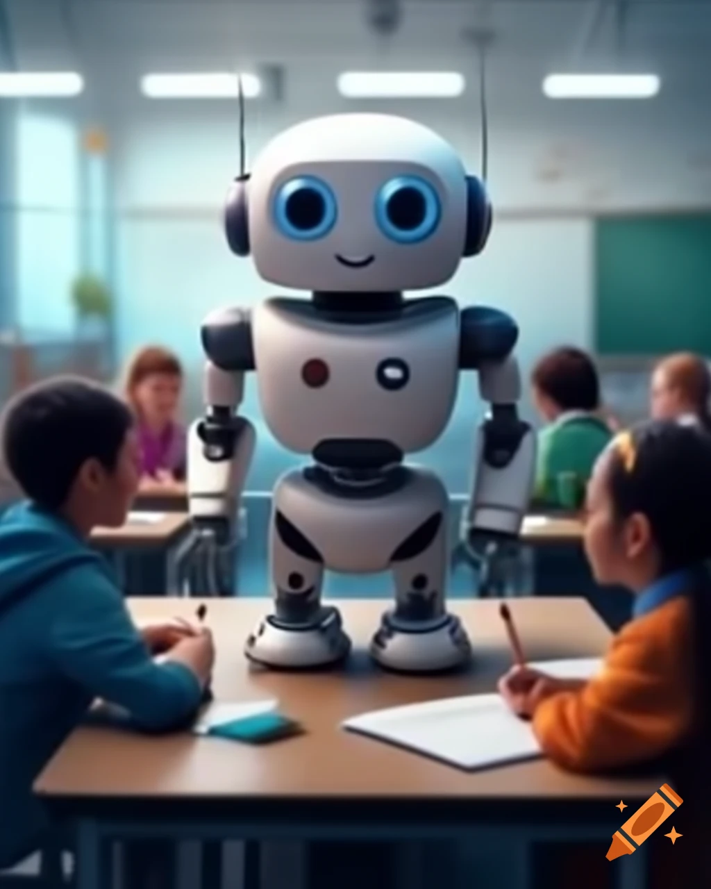 Friendly robot teaching students in modern ai classroom on craiyon