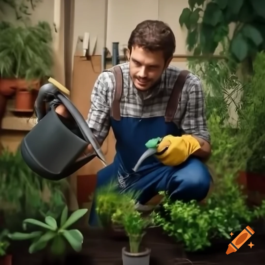 Realistic depiction of a man watering plants in plumber attire