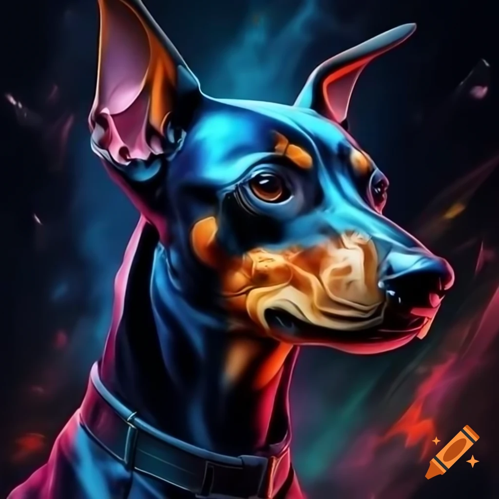 Biker pinscher dog in nightcore style with colorful, chaotic animations