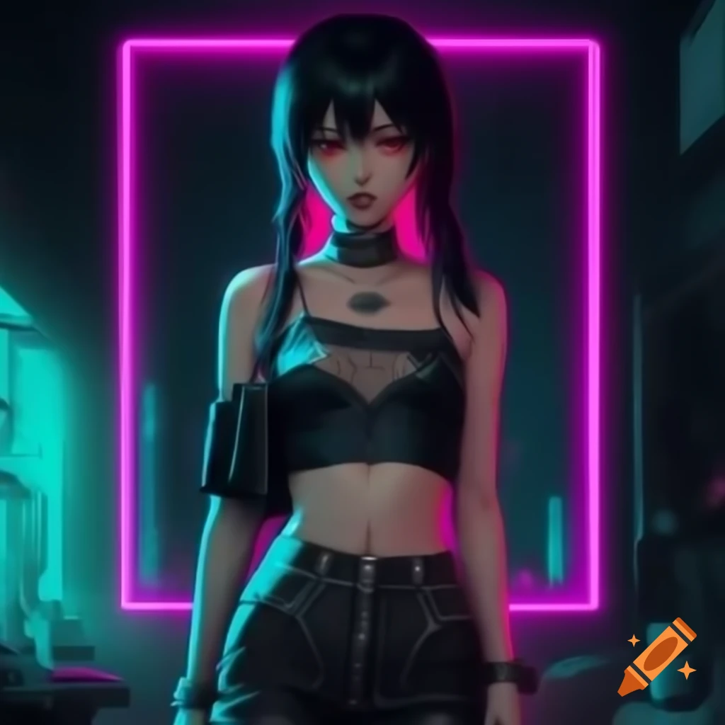 Punk-inspired young woman in dystopian fashion with black hair and low-rise pants