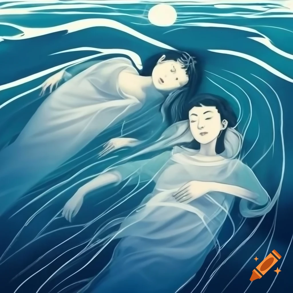 Two women sleeping in the ocean under full moon, inspired by Michelangelo and biopunk elements
