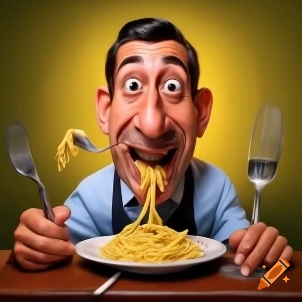 Caricature of Italian man enjoying pasta